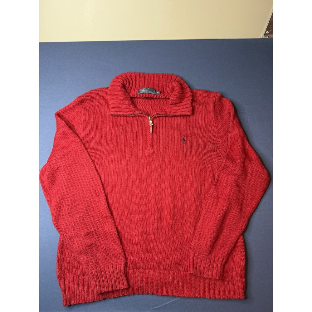 Y2K Polo by Ralph Lauren men's red cotton quarter-zip sweater, size XL.